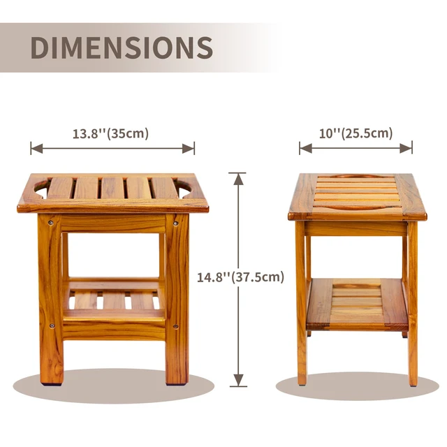 Alt view image 3 of 7 - Teak Shower Stool, Compact Showers Bench, Foot Rest Shaving Legs | Foot Stools for Shave Legs, with Shelf & Handle, 2-Tier. Small Wooden Bath Seat with Non-Slip Feet for Bathroom, Bathtub