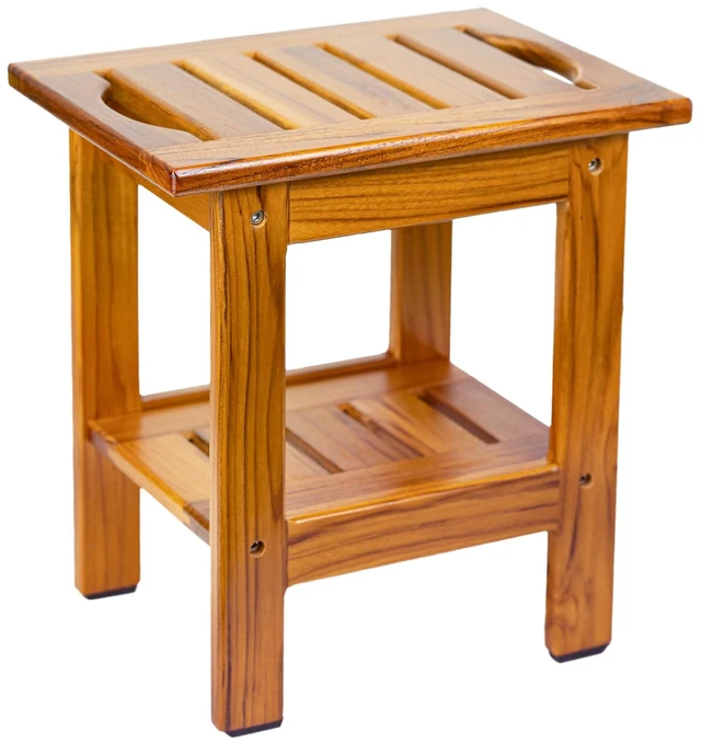 Main image of Teak Shower Stool, Compact Showers Bench, Foot Rest Shaving Legs | Foot Stools for Shave Legs, with Shelf & Handle, 2-Tier. Small Wooden Bath Seat with Non-Slip Feet for Bathroom, Bathtub