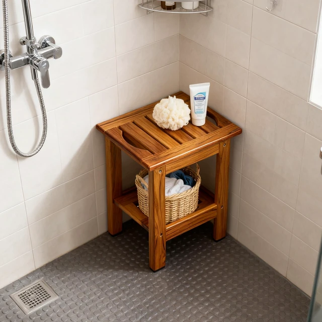Alt view image 5 of 7 - Teak Shower Stool, Compact Showers Bench, Foot Rest Shaving Legs | Foot Stools for Shave Legs, with Shelf & Handle, 2-Tier. Small Wooden Bath Seat with Non-Slip Feet for Bathroom, Bathtub