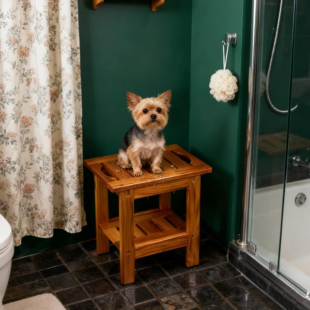 Alt view image 6 of 7 - Teak Shower Stool, Compact Showers Bench, Foot Rest Shaving Legs | Foot Stools for Shave Legs, with Shelf & Handle, 2-Tier. Small Wooden Bath Seat with Non-Slip Feet for Bathroom, Bathtub