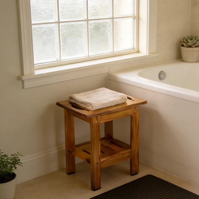 Alt view image 7 of 7 - Teak Shower Stool, Compact Showers Bench, Foot Rest Shaving Legs | Foot Stools for Shave Legs, with Shelf & Handle, 2-Tier. Small Wooden Bath Seat with Non-Slip Feet for Bathroom, Bathtub