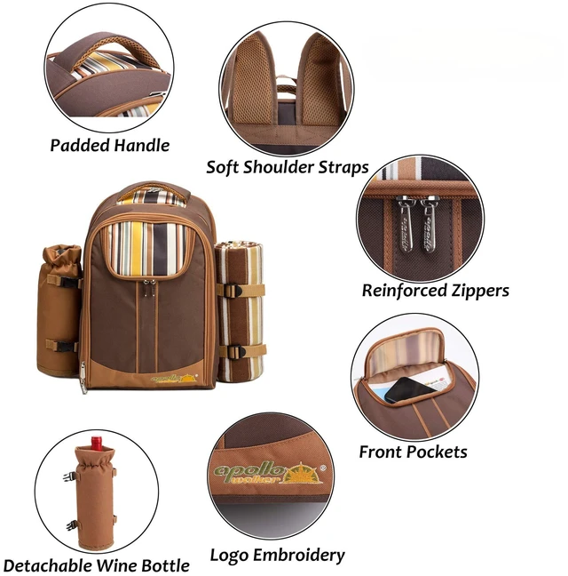 Alt view image 3 of 7 - Picnic Backpack, 4-Person with Blanket & Wine, Family & Lovers Gift, Brown | Insulated Compartment, Padded Straps, Couple Gifts, Corporate Gifts, Family, Camping, Beach, Climbing, Parks