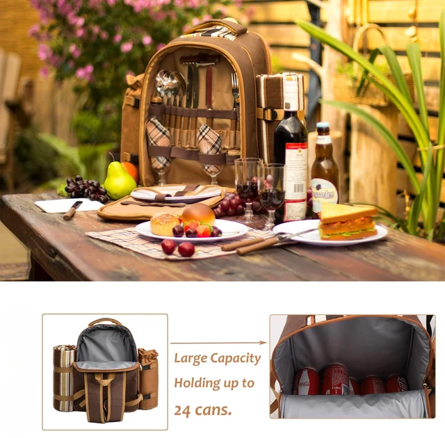 Alt view image 5 of 7 - Picnic Backpack, 4-Person with Blanket & Wine, Family & Lovers Gift, Brown | Insulated Compartment, Padded Straps, Couple Gifts, Corporate Gifts, Family, Camping, Beach, Climbing, Parks