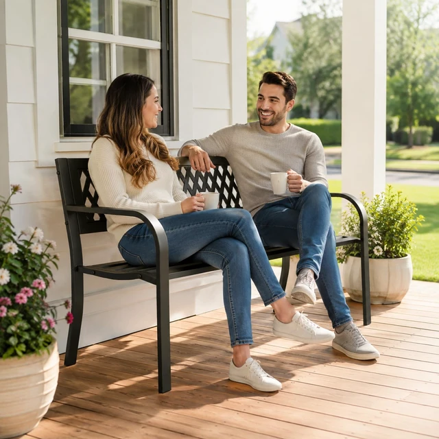Alt view image 2 of 7 - 47" Outdoor Garden Bench, 500 lbs Load, Weatherproof, Black | Heavy Duty Metal Frame | Rust & Weather-Resistant | Plastic Grid Backrest | For Patio Lawn, Yard, Porch, Deck & Entryway