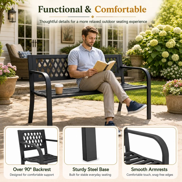 Alt view image 5 of 7 - 47" Outdoor Garden Bench, 500 lbs Load, Weatherproof, Black | Heavy Duty Metal Frame | Rust & Weather-Resistant | Plastic Grid Backrest | For Patio Lawn, Yard, Porch, Deck & Entryway