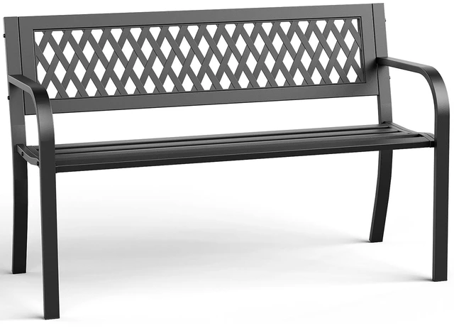 Main image of 47" Outdoor Garden Bench, 500 lbs Load, Weatherproof, Black | Heavy Duty Metal Frame | Rust & Weather-Resistant | Plastic Grid Backrest | For Patio Lawn, Yard, Porch, Deck & Entryway