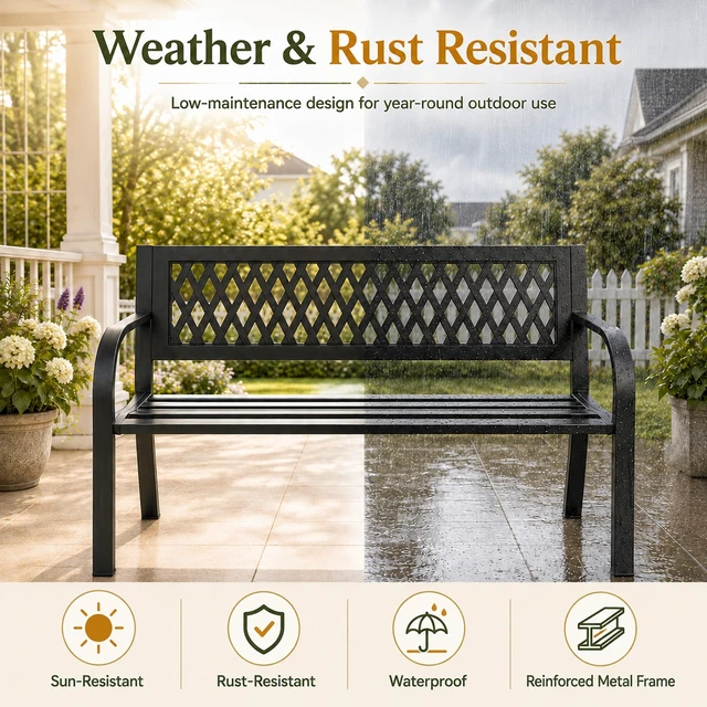 Alt view image 3 of 7 - 47" Outdoor Garden Bench, 500 lbs Load, Weatherproof, Black | Heavy Duty Metal Frame | Rust & Weather-Resistant | Plastic Grid Backrest | For Patio Lawn, Yard, Porch, Deck & Entryway