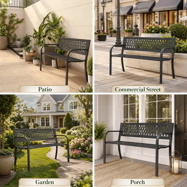 Alt view image 7 of 7 - 47" Outdoor Garden Bench, 500 lbs Load, Weatherproof, Black | Heavy Duty Metal Frame | Rust & Weather-Resistant | Plastic Grid Backrest | For Patio Lawn, Yard, Porch, Deck & Entryway