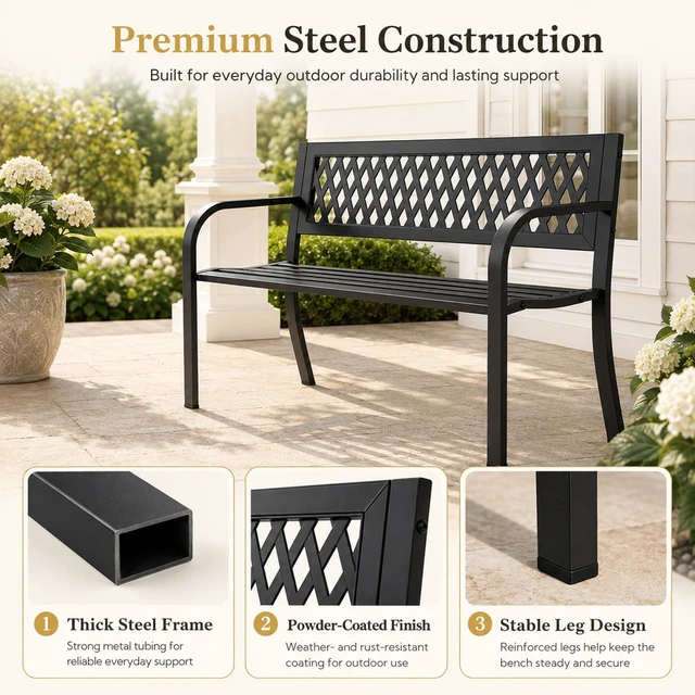 Alt view image 6 of 7 - 47" Outdoor Garden Bench, 500 lbs Load, Weatherproof, Black | Heavy Duty Metal Frame | Rust & Weather-Resistant | Plastic Grid Backrest | For Patio Lawn, Yard, Porch, Deck & Entryway