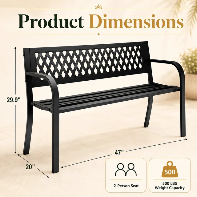 Alt view image 4 of 7 - 47" Outdoor Garden Bench, 500 lbs Load, Weatherproof, Black | Heavy Duty Metal Frame | Rust & Weather-Resistant | Plastic Grid Backrest | For Patio Lawn, Yard, Porch, Deck & Entryway