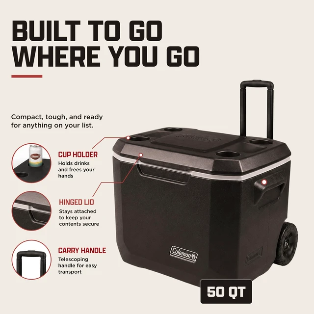 Alt view image 2 of 5 - Xtreme Rolling Cooler with Wheels, 50-Quart, Black | Keeps Ice Up to 5 Days, Holds Up to 84 Cans, Heavy-Duty Wheels for Any Terrain, Lid Supports 250 Pounds