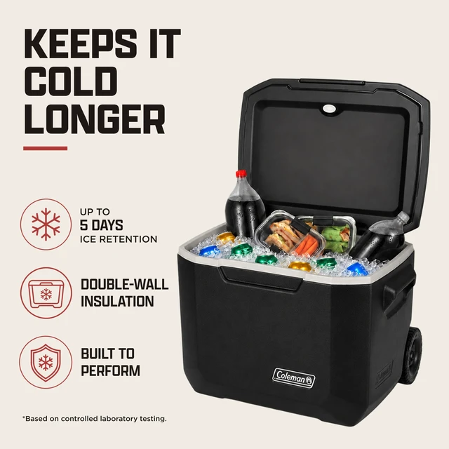 Alt view image 3 of 5 - Xtreme Rolling Cooler with Wheels, 50-Quart, Black | Keeps Ice Up to 5 Days, Holds Up to 84 Cans, Heavy-Duty Wheels for Any Terrain, Lid Supports 250 Pounds