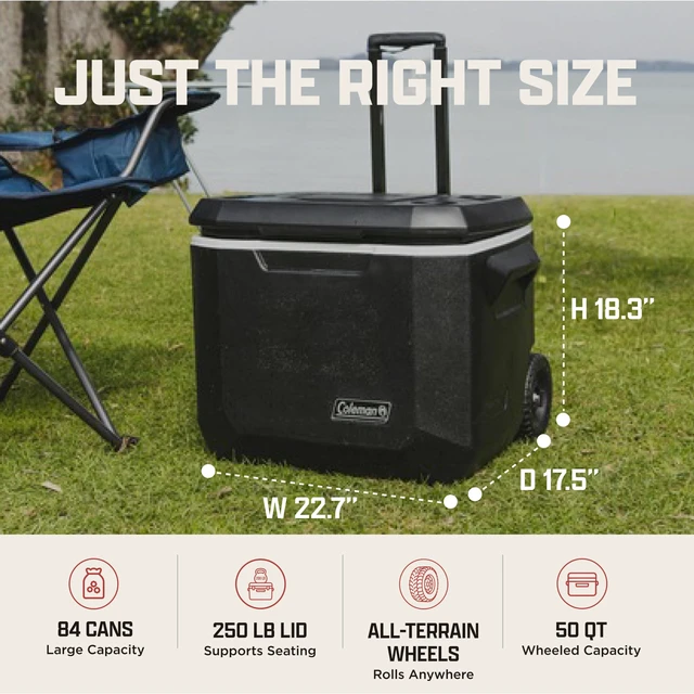 Alt view image 4 of 5 - Xtreme Rolling Cooler with Wheels, 50-Quart, Black | Keeps Ice Up to 5 Days, Holds Up to 84 Cans, Heavy-Duty Wheels for Any Terrain, Lid Supports 250 Pounds