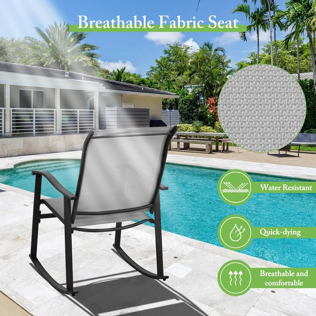 Alt view image 3 of 4 - 3 Piece Rocking Bistro Set, Outdoor Furniture with Rocker Chairs and Glass Coffee Table Set of 3, Balcony, Porch Furniture for Small Space, Light Gray