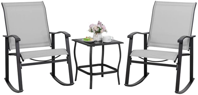 Main image of 3 Piece Rocking Bistro Set, Outdoor Furniture with Rocker Chairs and Glass Coffee Table Set of 3, Balcony, Porch Furniture for Small Space, Light Gray