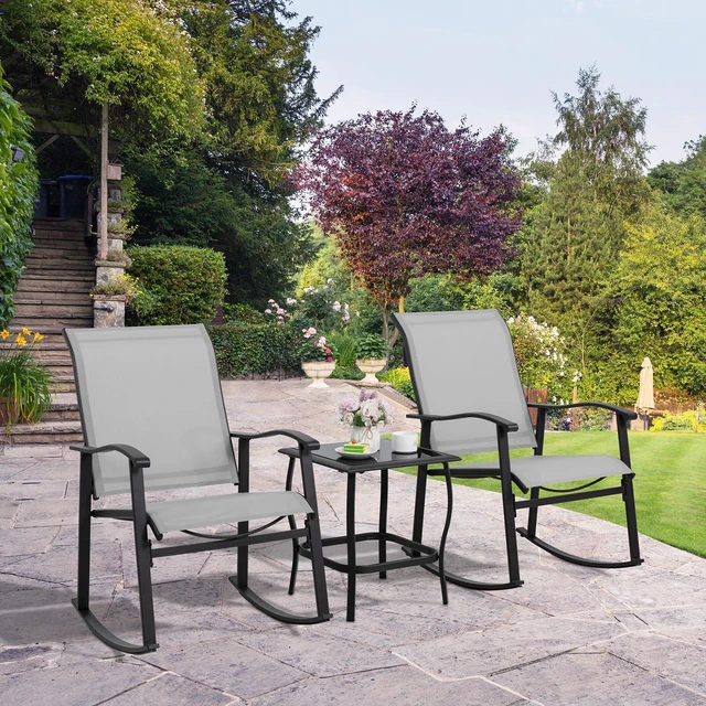 Alt view image 4 of 4 - 3 Piece Rocking Bistro Set, Outdoor Furniture with Rocker Chairs and Glass Coffee Table Set of 3, Balcony, Porch Furniture for Small Space, Light Gray
