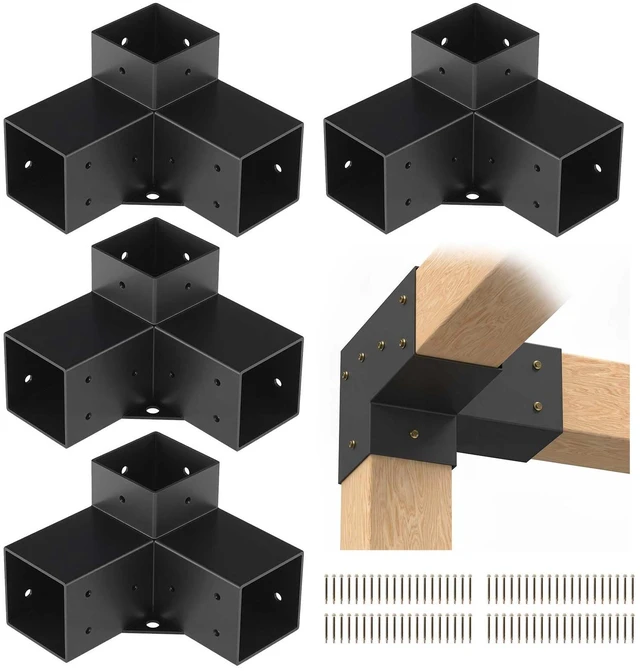Main image of Pergola Bracket Kit 4"x4"(Inner 3.6x3.6), 4pcs 3-Way Heavy Duty Corner Bracket, Woodworks DIY Post Base Kit for Gazebos, Patio Pergolas, Log Cabin & Outdoor Wooden Beam Projects