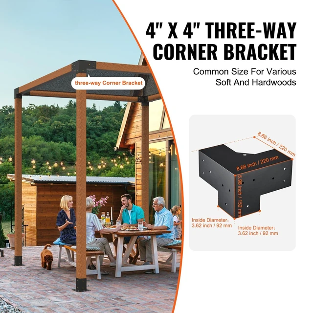 Alt view image 2 of 7 - Pergola Bracket Kit 4"x4"(Inner 3.6x3.6), 4pcs 3-Way Heavy Duty Corner Bracket, Woodworks DIY Post Base Kit for Gazebos, Patio Pergolas, Log Cabin & Outdoor Wooden Beam Projects