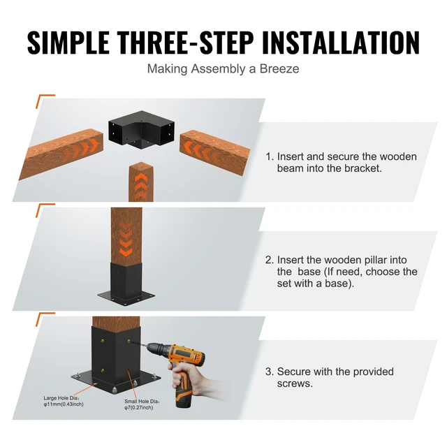 Alt view image 6 of 7 - Pergola Bracket Kit 4"x4"(Inner 3.6x3.6), 4pcs 3-Way Heavy Duty Corner Bracket, Woodworks DIY Post Base Kit for Gazebos, Patio Pergolas, Log Cabin & Outdoor Wooden Beam Projects