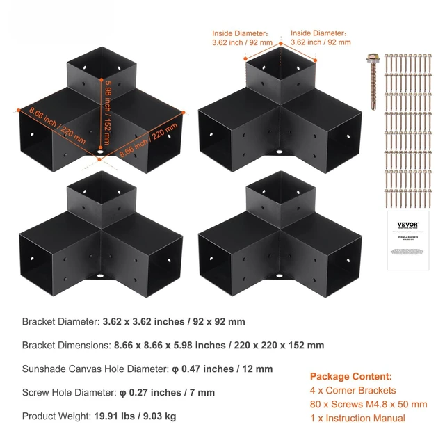 Alt view image 7 of 7 - Pergola Bracket Kit 4"x4"(Inner 3.6x3.6), 4pcs 3-Way Heavy Duty Corner Bracket, Woodworks DIY Post Base Kit for Gazebos, Patio Pergolas, Log Cabin & Outdoor Wooden Beam Projects