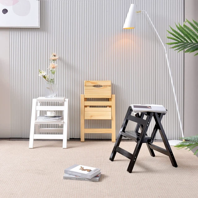 Alt view image 3 of 7 - 2 Step Folding Step Stool, Wooden Collapsible Closet Step Ladder for Home | Lightweight, Non-Slip, Handle, Wide Anti-Slip Pedal, Fold up, 250Lbs, Decorative, Ladder for Adults, Closet, Pantry, Kitchen