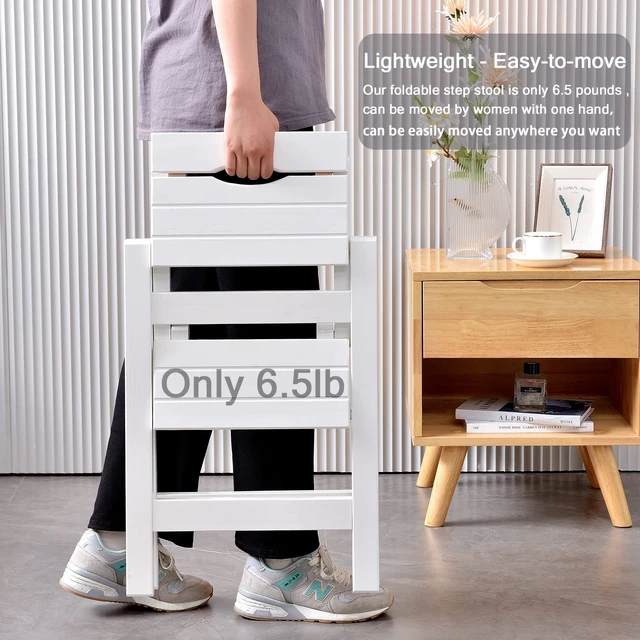 Alt view image 5 of 7 - 2 Step Folding Step Stool, Wooden Collapsible Closet Step Ladder for Home | Lightweight, Non-Slip, Handle, Wide Anti-Slip Pedal, Fold up, 250Lbs, Decorative, Ladder for Adults, Closet, Pantry, Kitchen
