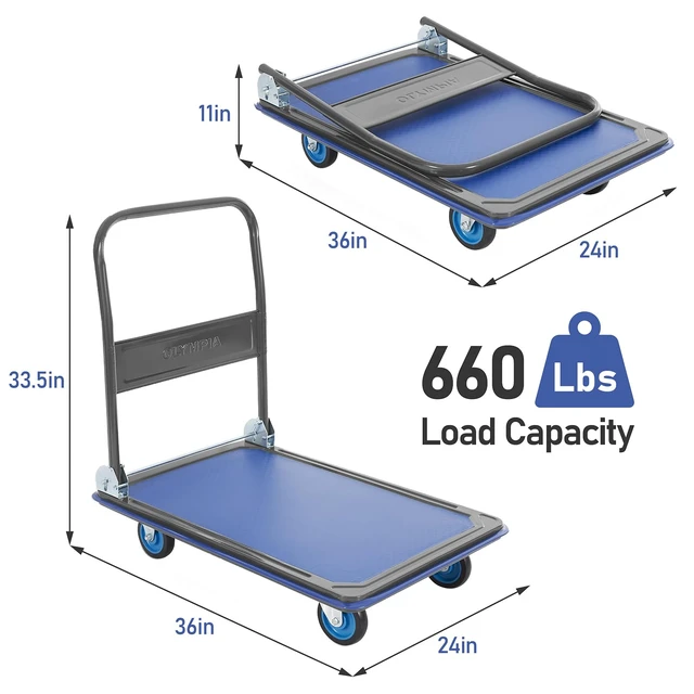 Alt view image 3 of 7 - Tools Foldable Push Cart Dolly - 600 Lb. Capacity Heavy Duty Platform Truck with 360° Swivel Wheels - Blue