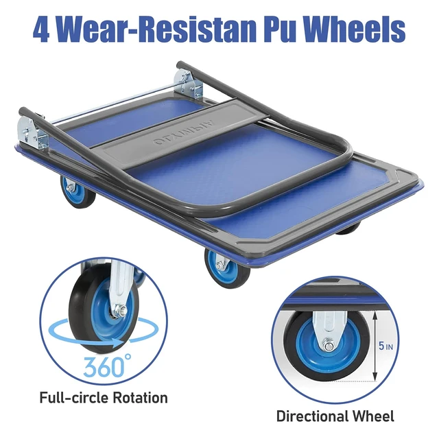 Alt view image 4 of 7 - Tools Foldable Push Cart Dolly - 600 Lb. Capacity Heavy Duty Platform Truck with 360° Swivel Wheels - Blue