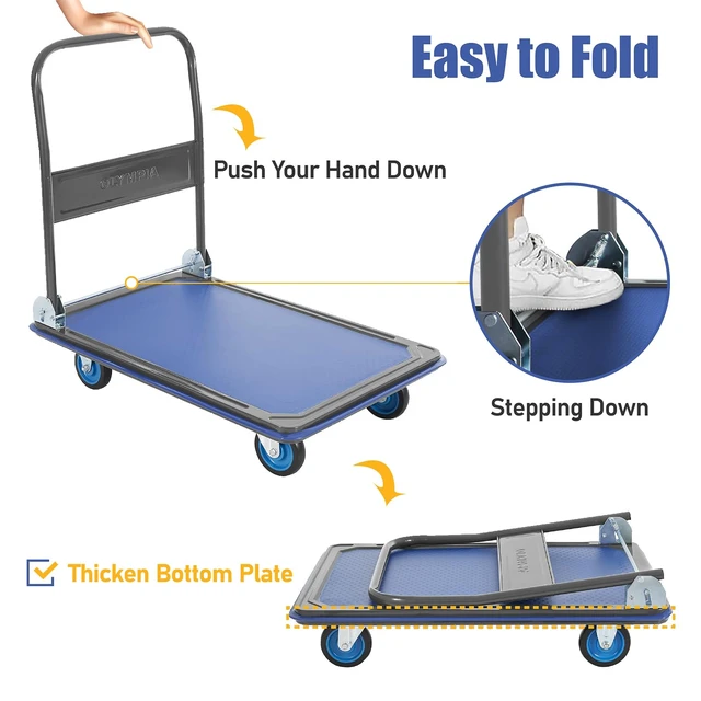 Alt view image 5 of 7 - Tools Foldable Push Cart Dolly - 600 Lb. Capacity Heavy Duty Platform Truck with 360° Swivel Wheels - Blue