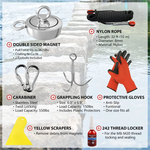 Alt view image 3 of 5 - 2625 LBS Fishing Magnet, 4.57 Inch Double Sided Fishing Magnet Kit | Fishing Kit Includes Super Strong Magnet, Gloves, 32 Foot Rope, Grappling Hook, Fishing Magnet for Retrieving Items