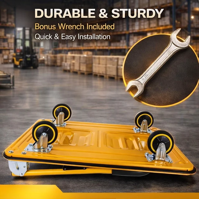 Alt view image 7 of 7 - Push Cart Dolly, Foldable Moving Platform Flat Cart, 330 lb, Yellow | 360 Degree Swivel Wheels, Non-Slip Platform, Folds Flat for Easy Storage, Indoor & Outdoor Use, Hand Truck & Flat Dolly Cart