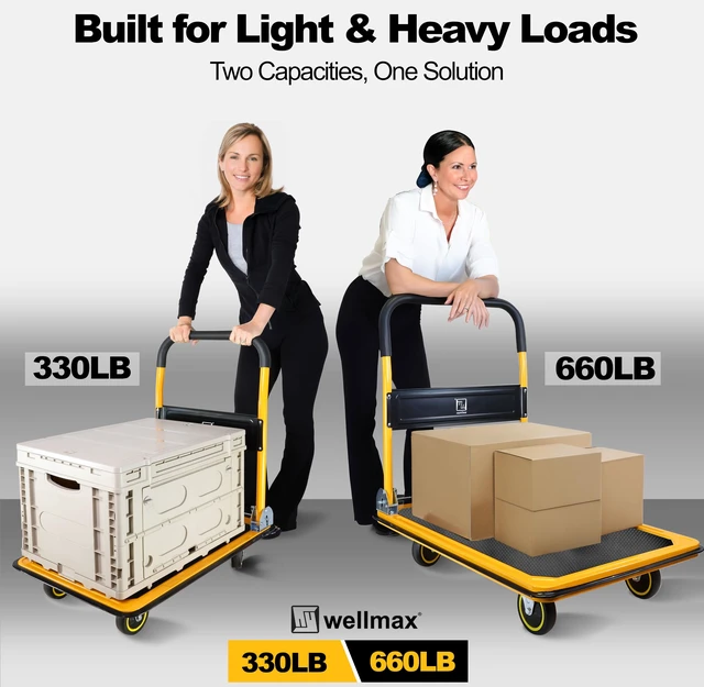 Alt view image 6 of 7 - Push Cart Dolly, Foldable Moving Platform Flat Cart, 330 lb, Yellow | 360 Degree Swivel Wheels, Non-Slip Platform, Folds Flat for Easy Storage, Indoor & Outdoor Use, Hand Truck & Flat Dolly Cart