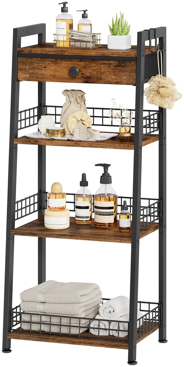 Main image of 4-Tier Bathroom Ladder Shelf with Storage Drawer, Rustic Brown | Bathroom Table Stand for Small Spaces, Bathroom Storage for Living Room, Bedroom, Kitchen, Bathroom Organizer Standing Shelf