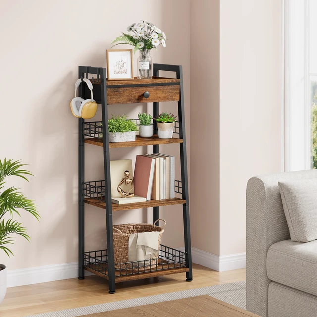 Alt view image 2 of 7 - 4-Tier Bathroom Ladder Shelf with Storage Drawer, Rustic Brown | Bathroom Table Stand for Small Spaces, Bathroom Storage for Living Room, Bedroom, Kitchen, Bathroom Organizer Standing Shelf