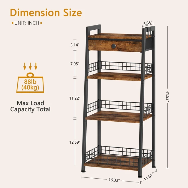 Alt view image 3 of 7 - 4-Tier Bathroom Ladder Shelf with Storage Drawer, Rustic Brown | Bathroom Table Stand for Small Spaces, Bathroom Storage for Living Room, Bedroom, Kitchen, Bathroom Organizer Standing Shelf