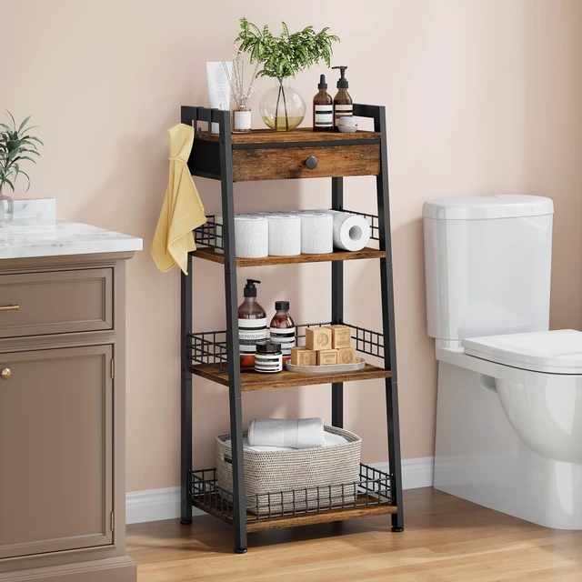 Alt view image 4 of 7 - 4-Tier Bathroom Ladder Shelf with Storage Drawer, Rustic Brown | Bathroom Table Stand for Small Spaces, Bathroom Storage for Living Room, Bedroom, Kitchen, Bathroom Organizer Standing Shelf