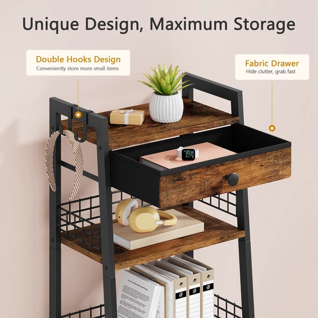 Alt view image 6 of 7 - 4-Tier Bathroom Ladder Shelf with Storage Drawer, Rustic Brown | Bathroom Table Stand for Small Spaces, Bathroom Storage for Living Room, Bedroom, Kitchen, Bathroom Organizer Standing Shelf