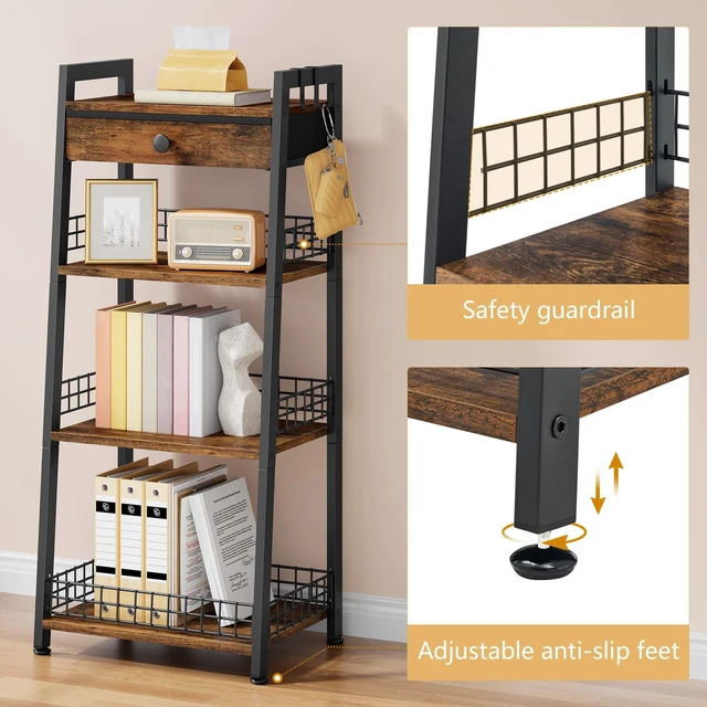 Alt view image 7 of 7 - 4-Tier Bathroom Ladder Shelf with Storage Drawer, Rustic Brown | Bathroom Table Stand for Small Spaces, Bathroom Storage for Living Room, Bedroom, Kitchen, Bathroom Organizer Standing Shelf