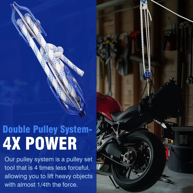 Alt view image 2 of 7 - Heavy-Duty Double Block and Tackle Pulley System 100Ft x 1/2'' Rope, 7700 LB(35KN) Breaking Strength, 4:1 Lifting Ratio Ideal for Garage, Attic, and Heavy Lifting Applications