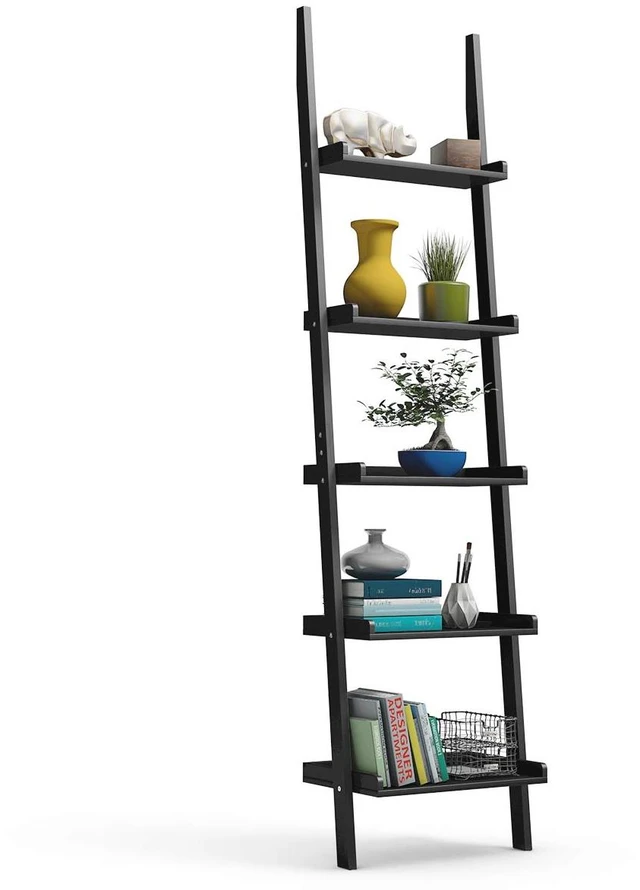 Main image of 5-Tier Ladder Shelf, Wall Leaning Bookshelf, (Black, 1) | 74.5H Wood Display Shelf, Modern Shelving Unit, Plant Stand, Raised Lips, for Living Room, Bedroom, Balcony, Home Office