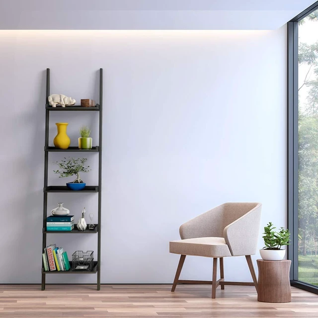 Alt view image 2 of 7 - 5-Tier Ladder Shelf, Wall Leaning Bookshelf, (Black, 1) | 74.5H Wood Display Shelf, Modern Shelving Unit, Plant Stand, Raised Lips, for Living Room, Bedroom, Balcony, Home Office