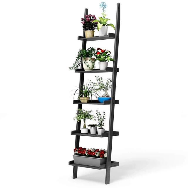 Alt view image 4 of 7 - 5-Tier Ladder Shelf, Wall Leaning Bookshelf, (Black, 1) | 74.5H Wood Display Shelf, Modern Shelving Unit, Plant Stand, Raised Lips, for Living Room, Bedroom, Balcony, Home Office