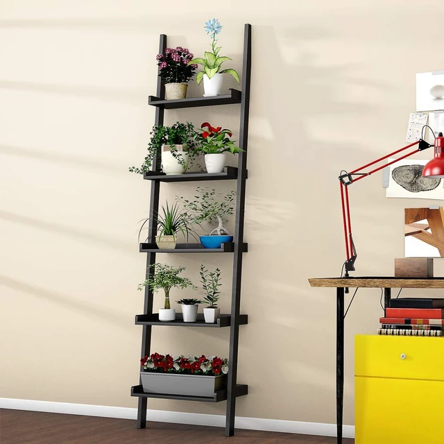 Alt view image 3 of 7 - 5-Tier Ladder Shelf, Wall Leaning Bookshelf, (Black, 1) | 74.5H Wood Display Shelf, Modern Shelving Unit, Plant Stand, Raised Lips, for Living Room, Bedroom, Balcony, Home Office