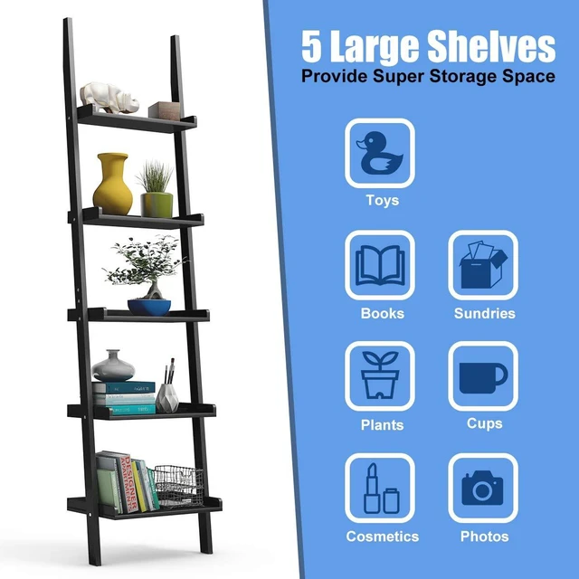 Alt view image 7 of 7 - 5-Tier Ladder Shelf, Wall Leaning Bookshelf, (Black, 1) | 74.5H Wood Display Shelf, Modern Shelving Unit, Plant Stand, Raised Lips, for Living Room, Bedroom, Balcony, Home Office