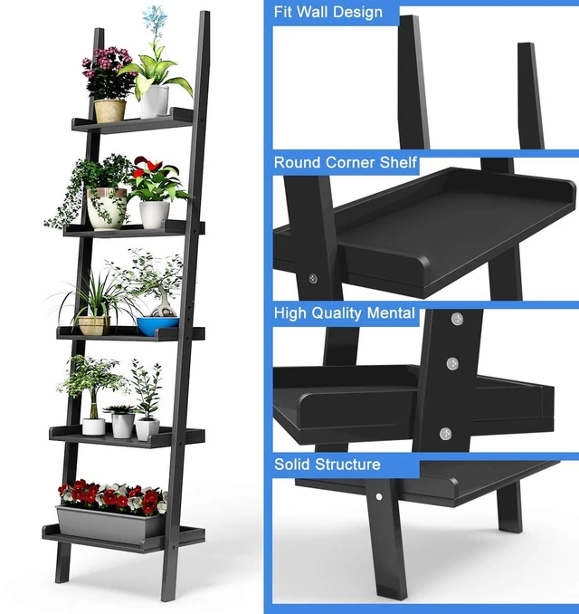 Alt view image 6 of 7 - 5-Tier Ladder Shelf, Wall Leaning Bookshelf, (Black, 1) | 74.5H Wood Display Shelf, Modern Shelving Unit, Plant Stand, Raised Lips, for Living Room, Bedroom, Balcony, Home Office