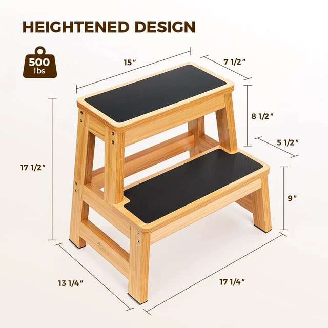 Alt view image 2 of 6 - Wood 2 Step Stool for Adults, 17.5 in, 500 lb, Non-Slip | Wide Non-Slip Treads, 500 lb Capacity, Heavy-Duty, Kitchen, Closet, Bedside and Everyday Home Reach
