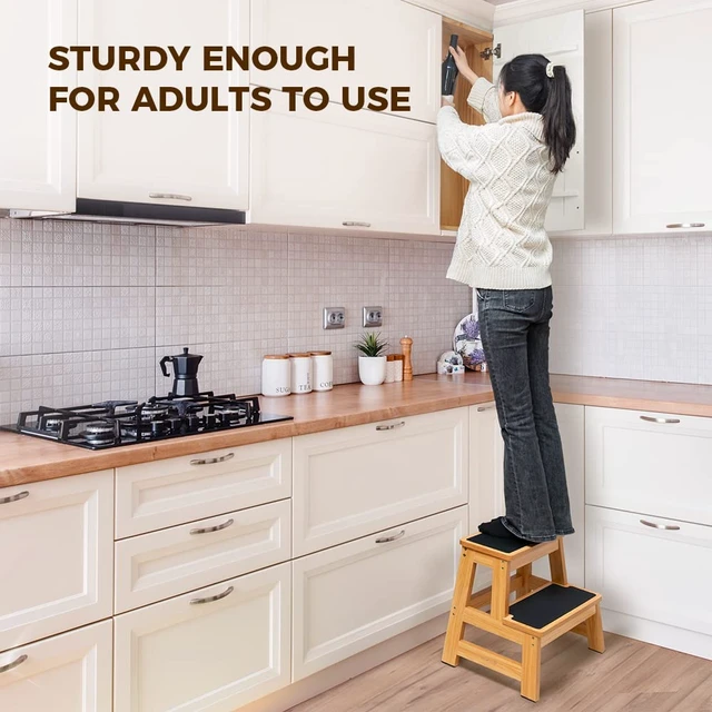 Alt view image 3 of 6 - Wood 2 Step Stool for Adults, 17.5 in, 500 lb, Non-Slip | Wide Non-Slip Treads, 500 lb Capacity, Heavy-Duty, Kitchen, Closet, Bedside and Everyday Home Reach