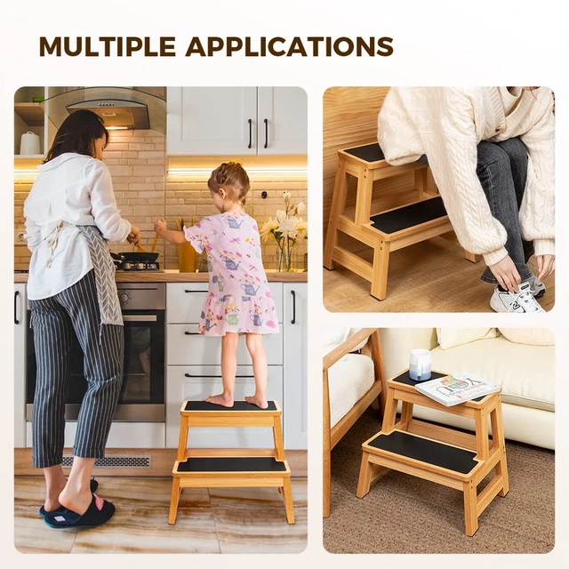Alt view image 6 of 6 - Wood 2 Step Stool for Adults, 17.5 in, 500 lb, Non-Slip | Wide Non-Slip Treads, 500 lb Capacity, Heavy-Duty, Kitchen, Closet, Bedside and Everyday Home Reach