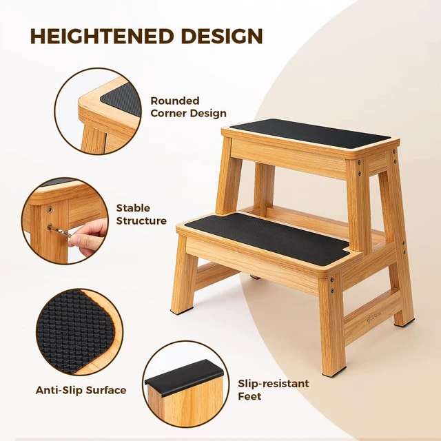 Alt view image 4 of 6 - Wood 2 Step Stool for Adults, 17.5 in, 500 lb, Non-Slip | Wide Non-Slip Treads, 500 lb Capacity, Heavy-Duty, Kitchen, Closet, Bedside and Everyday Home Reach