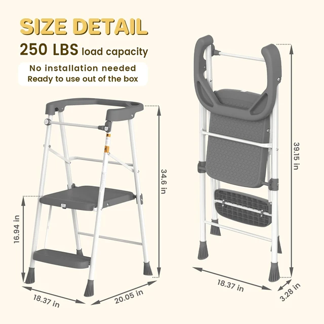 Alt view image 2 of 7 - Kids 2 Steps Step Stool, Foldable Toddler Tower with Safety Railing | Toddler Kitchen Stool & Counter Height Learning Helper, Sturdy Metal Frame, Anti-Slip Feet, Compact Folding Stepper, Gray